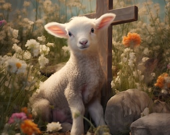 Op de afbeelding: Een wit lam zit in een veld met witte bloemen met een houten kruis erachter. Het lam kijkt naar de camera.