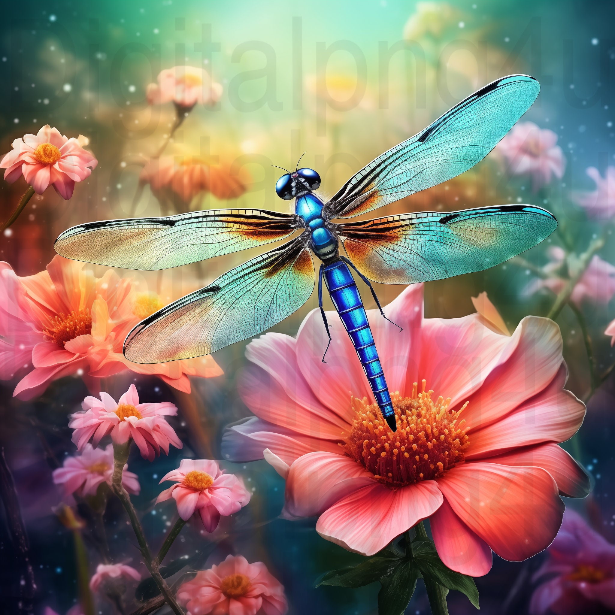 Dragonfly and Flowers Png Sublimation Digital Design Download Wreath ...