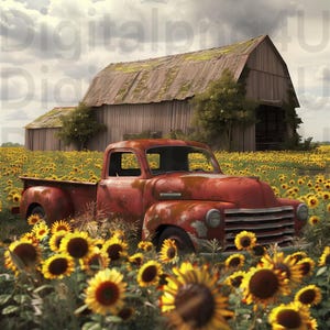Puede incluir: Una camioneta vintage roja oxidada estacionada en un campo de girasoles amarillos frente a un granero de madera desgastado.