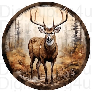 May include: A brown and white deer with large antlers stands in a woodland setting. The deer is looking directly at the viewer. The background is a blurred image of trees and foliage.