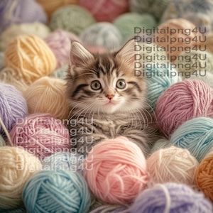 May include: A fluffy gray and brown tabby kitten sits in a basket of colorful yarn balls. The yarn balls are in shades of pink, blue, white, and beige.