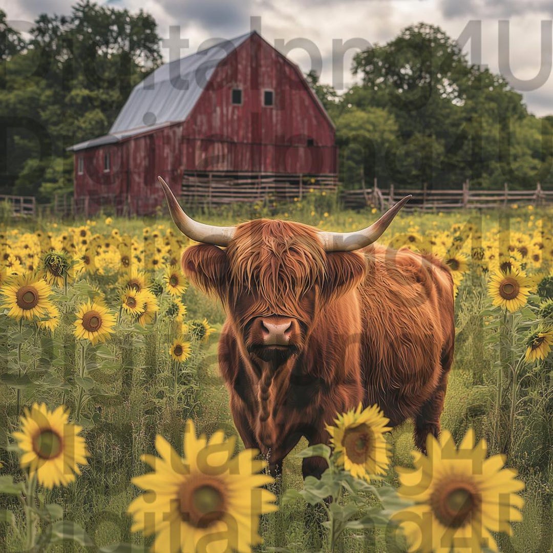Highland Cow and Sunflowers With a Barn PNG Sublimation Digital Design ...