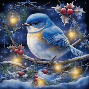 May include: A bluebird perched on a snowy branch with holly berries and glowing lights. The bird has a yellow breast and a blue head. The background is a dark blue with white snow.