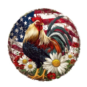 Può includere: Un gallo con piume rosso, bianco e blu si trova di fronte a una bandiera americana dall'aspetto usurato. Il gallo è circondato da margherite bianche e fiori rossi.