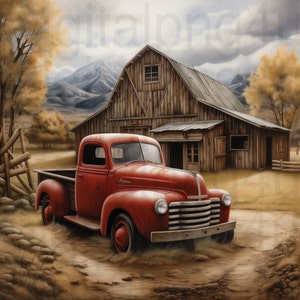 Red truck and rustic barn png sublimation digital design download wreath sign wind spinner cutting board shadow box image png