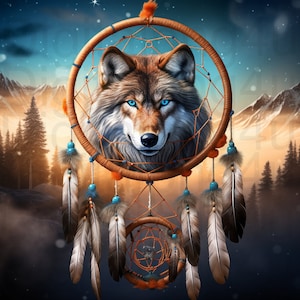 May include: A brown and white wolf with blue eyes is inside a dreamcatcher with brown feathers and blue beads. The dreamcatcher is hanging against a background of a snowy mountain range and a starry night sky.
