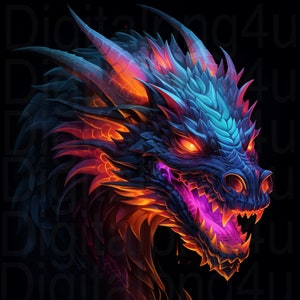 May include: A close-up of a dragon's head with glowing orange, blue, and purple scales. The dragon has a fierce expression with sharp teeth and glowing red eyes.