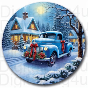 Vecchio camion blu Natale inverno rotondo png sublimazione design digitale download ghirlanda cartello girandola tagliere immagine ornamento png