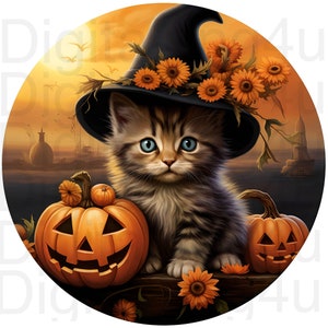 Kitten witch pumpkin Halloween fall round png sublimation digital design download wreath sign wind spinner cutting board image
