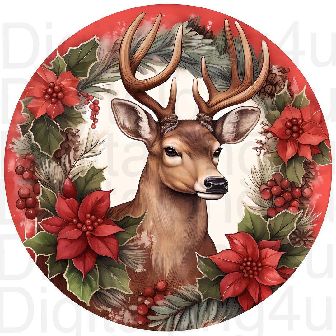 Deer Christmas Round Png Sublimation Digital Design Download Wreath ...