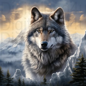 May include: A close-up portrait of a gray wolf with a soft, fluffy coat. The wolf is looking directly at the viewer with a calm expression. The background is a blurry image of a snowy mountain range.