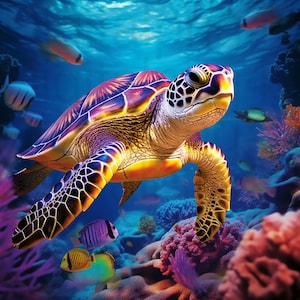 May include: A colorful sea turtle swims through a vibrant coral reef. The turtle has a green, yellow, and purple shell with black markings. The coral reef is a mix of pink, orange, and purple.