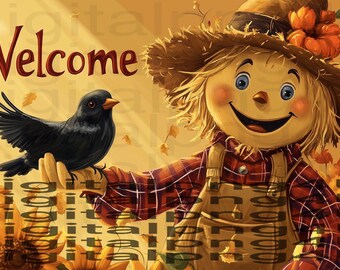 scarecrow and crow welcome PNG sublimation DIGITAL DESIGN Download fall wreath sign welcome sign png cute scarecrow image