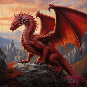 May include: A red dragon with large wings perched on a rocky cliff overlooking a medieval castle in the distance. The dragon has a fierce expression and sharp claws.
