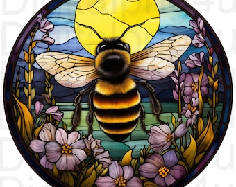 Bee and flowers round stained glass png sublimation digital design download round wreath sign wind spinner cutting board image bumblebee png