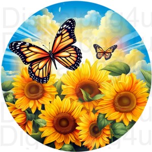 May include: A vibrant orange and black butterfly with wings spread wide, perched on a cluster of bright yellow sunflowers against a blue sky with white clouds.