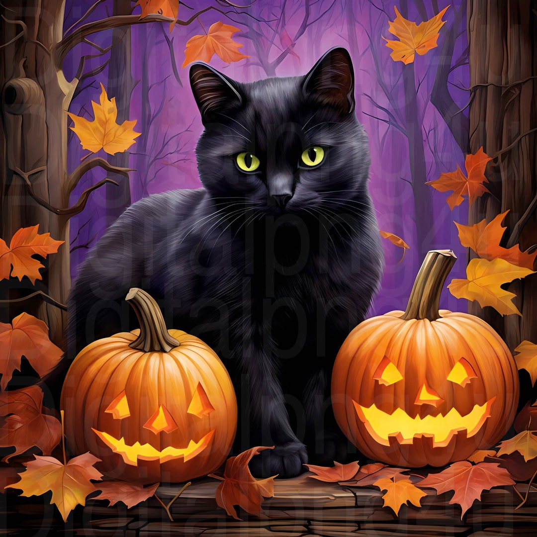 Black Cat and Jack O Lantern Halloween Png Sublimation Digital Design ...