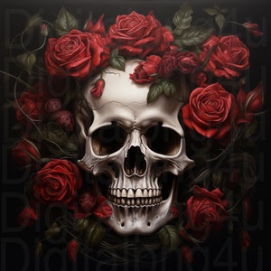 May include: A white human skull with a crown of red roses. The skull has a detailed, realistic appearance. The roses are arranged around the skull, with their stems and leaves visible. The background is black.