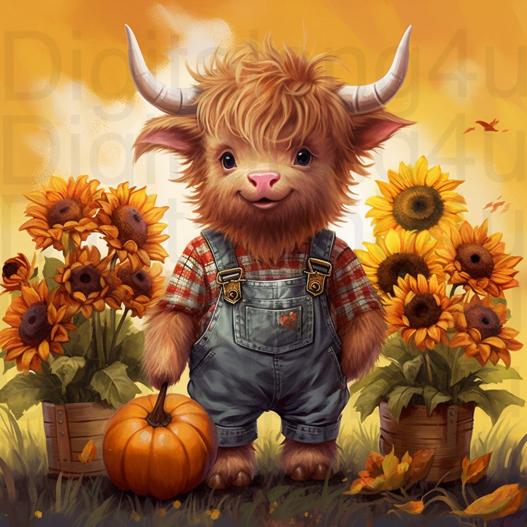 Highland Cow Sunflowers Pumpkins Farmer Fall Png Sublimation Digital ...