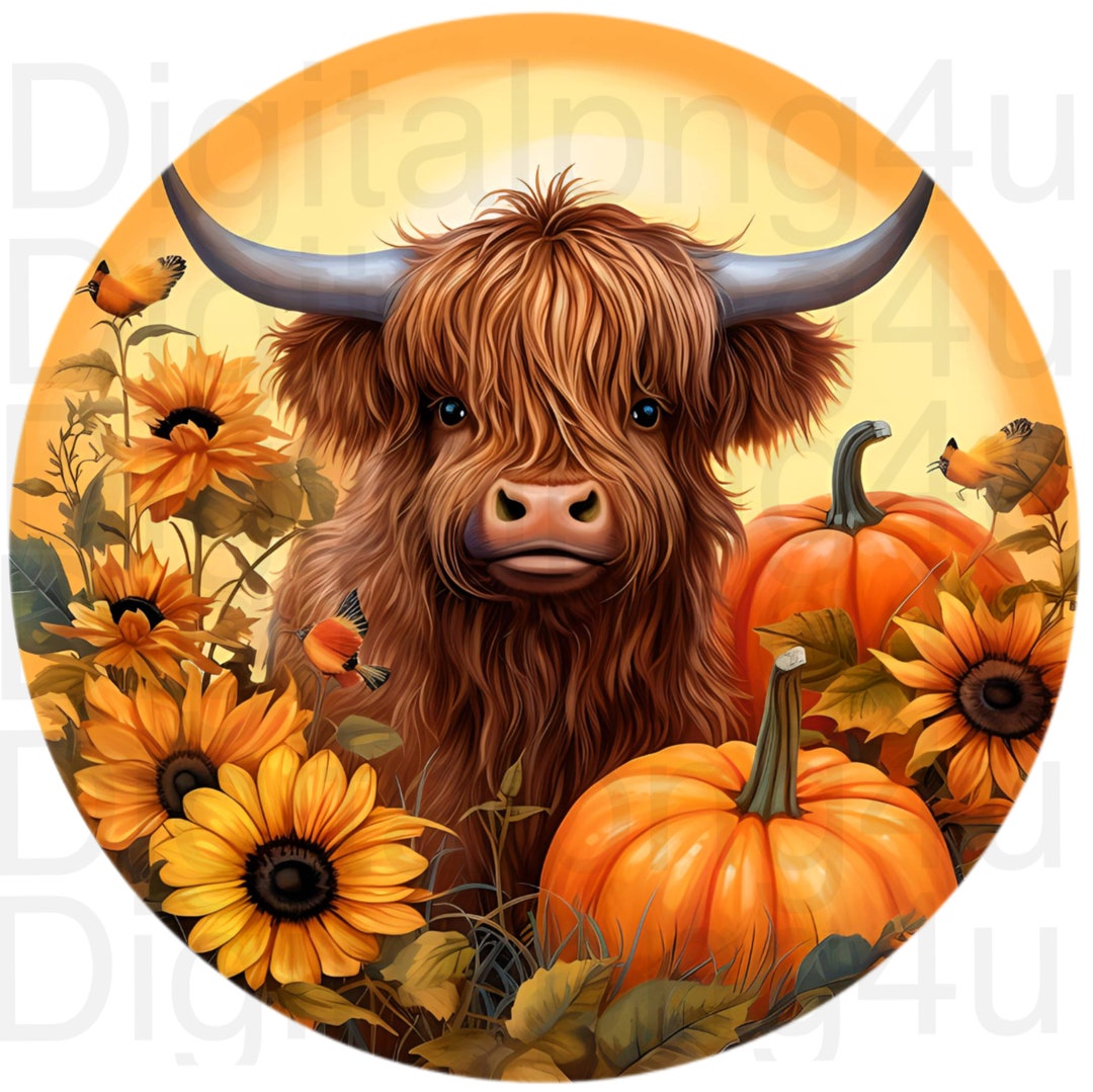 Highland Cow Sunflowers Pumpkins Round Png Sublimation Digital Design ...