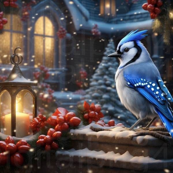 Blue bird with a lantern blue jay Christmas winter Christmas png sublimation digital design download wreath sign cutting board image