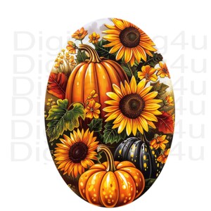 May include: A fall-themed illustration featuring three pumpkins, two sunflowers, and small yellow flowers. The pumpkins are orange and yellow with a speckled pattern. The sunflowers are yellow with brown centers. The background is a light gray with a hint of blue.