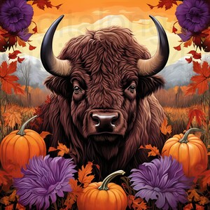 May include: A digital illustration of a brown bison with large black horns, surrounded by orange pumpkins, purple flowers, and fall foliage. The background features a mountain range and an orange sky, creating a seasonal autumn theme.