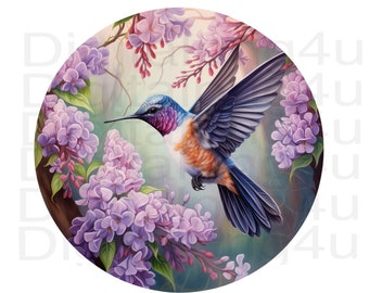 hummingbird beautiful hummingbird and flowers round png sublimation digital design download wreath sign wind spinner cutting board image png
