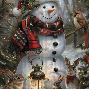 May include: A snowman wearing a red and black plaid scarf and hat with holly berries, standing in a snowy forest with two brown rabbits and a cardinal perched on a branch.