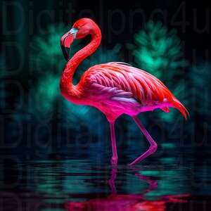 May include: A pink flamingo stands in a body of water with a dark green and blue background. The flamingo has a long neck and long legs. The flamingo is in focus and the background is blurred.