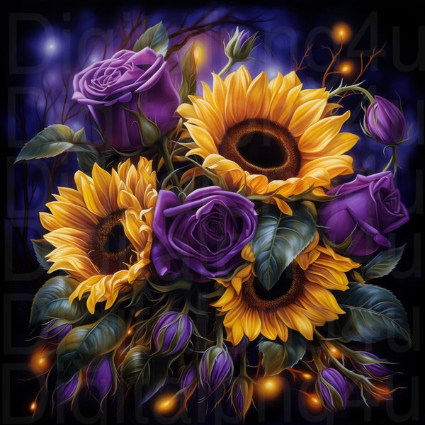 Sunflowers and purple roses with a black background png sublimation digital design download wreath sign wind spinner cutting board image png