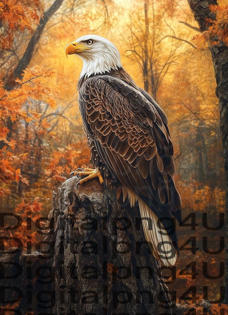 May include: A bald eagle with white head and tail feathers perches on a tree stump in a forest setting. The background features a blurred image of autumn leaves in shades of orange, yellow, and brown.