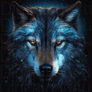 May include: A close-up portrait of a wolf with blue and black fur. The wolf's eyes are glowing yellow and the fur is painted with blue splatter.
