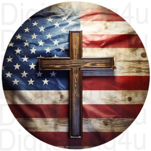 American flag and wooden cross round png sublimation digital design download wreath sign wind spinner cutting board image