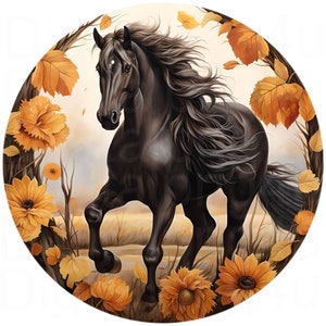 May include: A black horse with a flowing mane and tail runs through a field of sunflowers and autumn leaves. The horse is in focus, while the background is blurred.