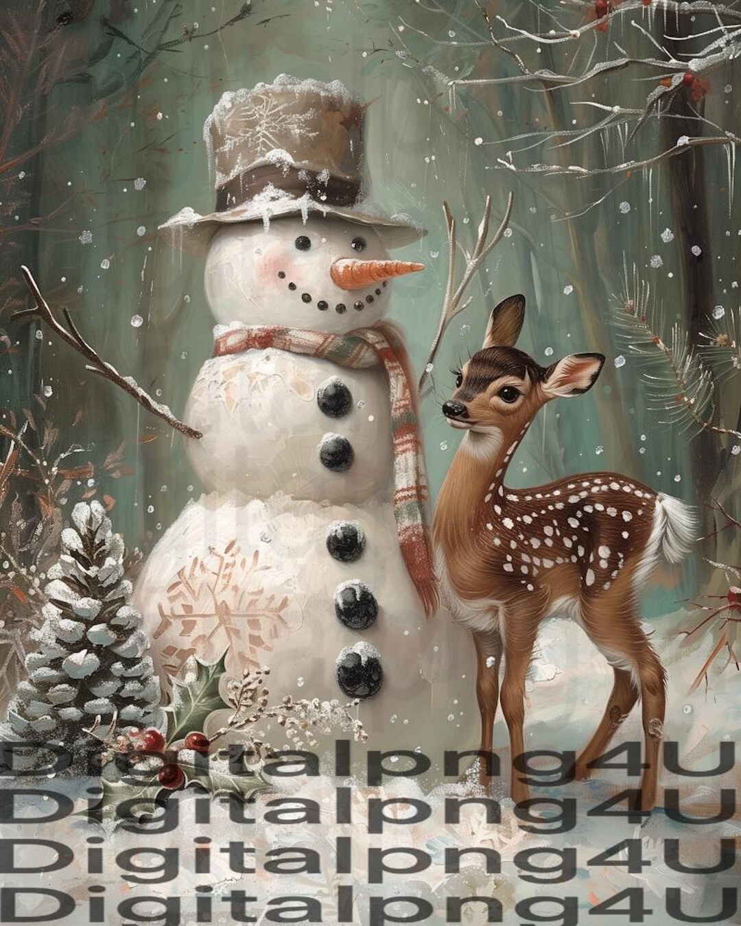 Framed Snowman and Deer Print 11