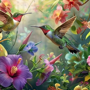 May include: Two vibrant green hummingbirds with red throats are perched on a branch surrounded by colorful flowers. The flowers are in shades of pink, yellow, purple, and orange. The background is a soft, blurred green.