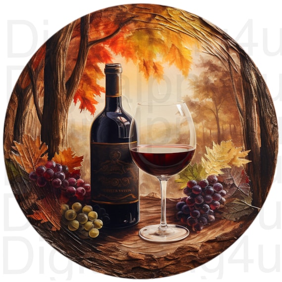 Rustic wine and grapes round png sublimation digital design download wine glass png wreath sign wind spinner cutting board image