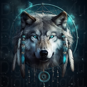 Wolf en dromenvanger png sublimatie digitaal ontwerp download krans teken windspinner snijplank schaduwdoos afbeelding