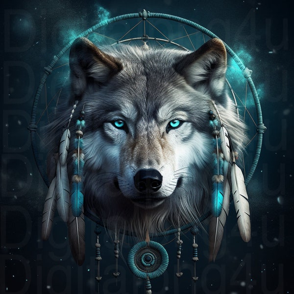 Wolf and dream catcher png sublimation digital design download wreath sign wind spinner cutting board shadow box image