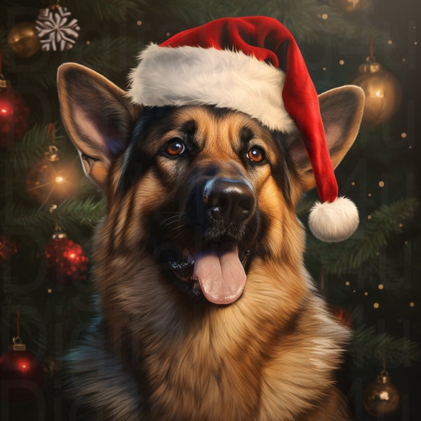 German shepherd and Santa hat Christmas png sublimation digital design download wreath sign wind spinner Christmas ornament png dog image