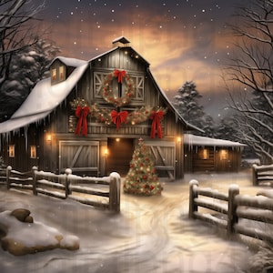 Barn in the winter Christmas barn png sublimation digital design download wreath sign wind spinner cutting board Christmas ornament png