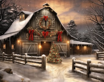 Barn in the winter Christmas barn png sublimation digital design download wreath sign wind spinner cutting board Christmas ornament png