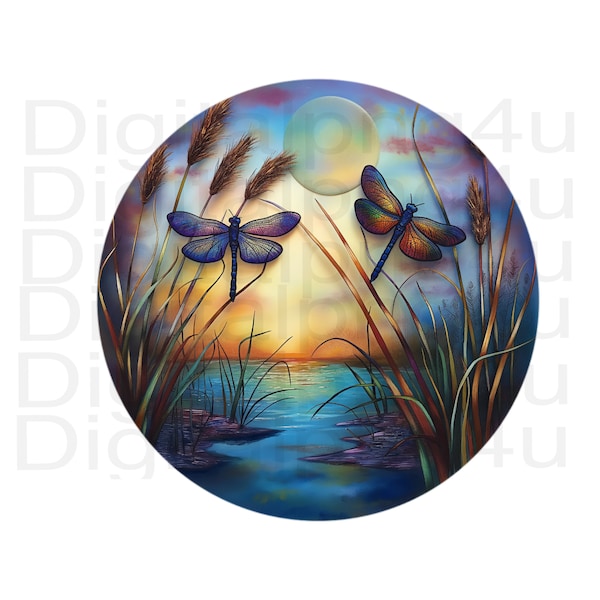 dragonfly and lake round png sublimation digital design download wreath sign wind spinner cutting board image png file