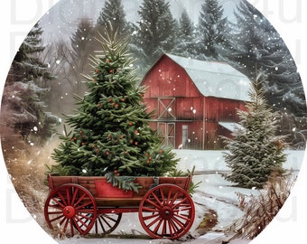 Christmas wagon and barn round rustic PNG sublimation digital design download Christmas wreath sign png Christmas barn png image