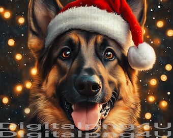 May include: A German Shepherd dog wearing a red Santa hat with a white pom-pom. The dog is looking directly at the camera with a happy expression. The background is a dark blue with white snow and yellow lights.