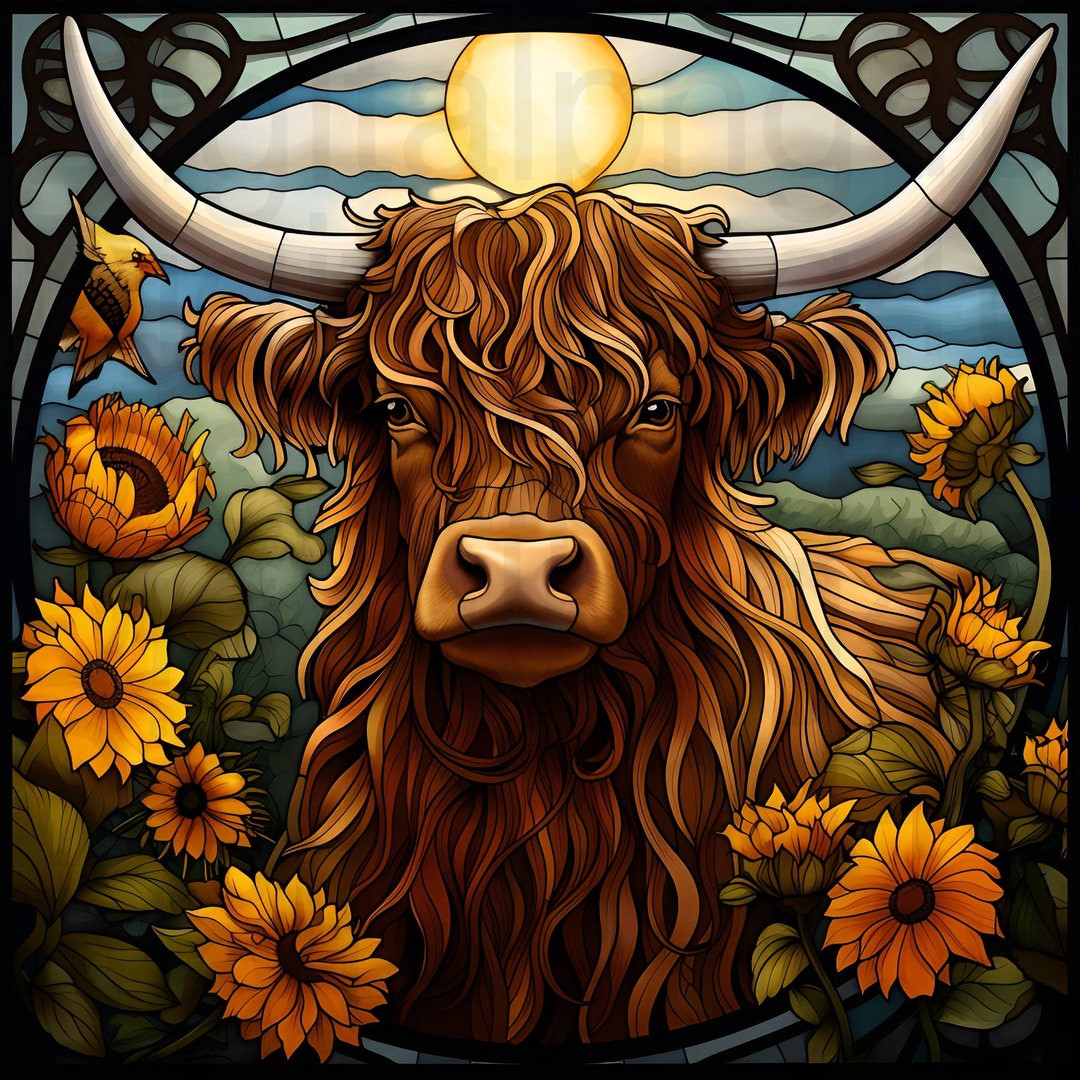 Highland Cow Sunflowers Fall Stained Glass Png Sublimation Digital ...