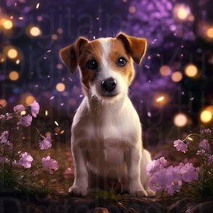 Puede incluir: Un perro Jack Russell Terrier blanco y marrón sentado en un entorno de bosque mágico con flores moradas y rosadas y luces brillantes.