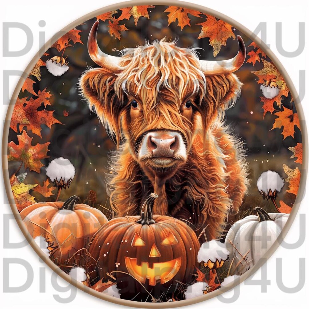Highland Cow Fall Round PNG Halloween Sublimation Digital Design ...