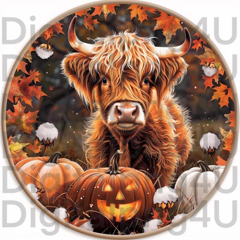 Highland Cow Fall Round PNG Halloween Sublimation Digital Design ...